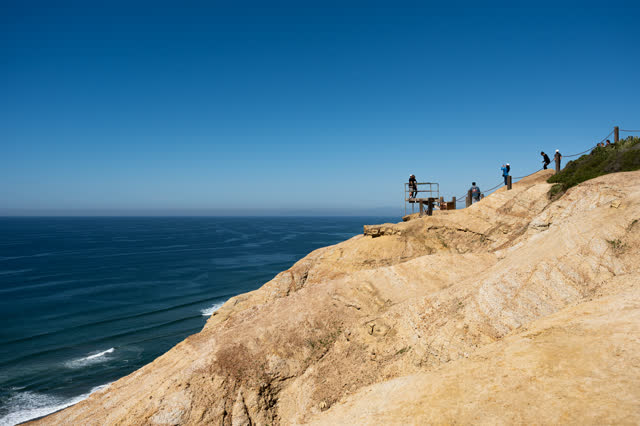Elevated view of the cliffs, the ocean and open country at Torrey Pines, with people walking.