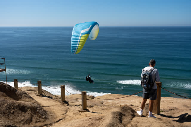 Elevated view of the cliffs, the surf and the ocean at Torrey Pines.