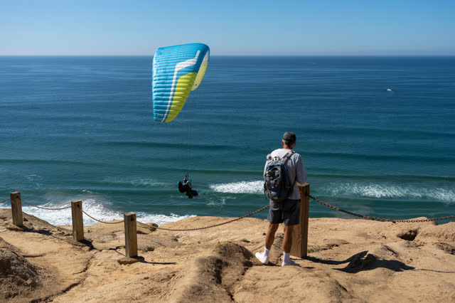 Elevated view of the cliffs, boats and the ocean at Torrey Pines.