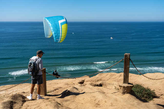 Elevated view of the cliffs, boats and the ocean at Torrey Pines.