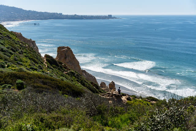 Elevated view of the cliffs, the surf and the pier at Torrey Pines, with people walking.