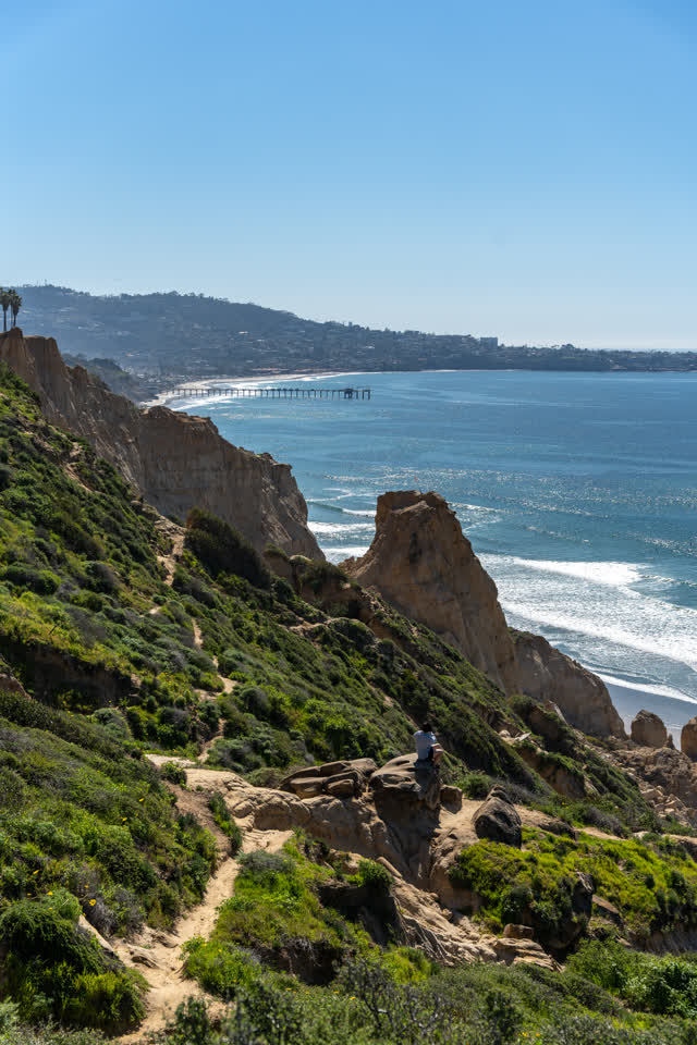 Elevated view of the cliffs, the surf and the pier at Torrey Pines, with people walking.