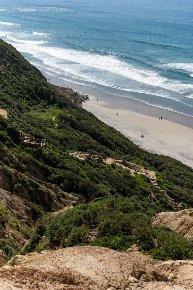 Elevated view of the cliffs, the surf and the ocean at Torrey Pines, with people walking.