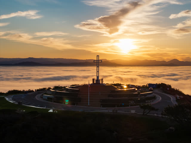 Aerial view of the cliffs, traffic and open country at Mount Soledad.