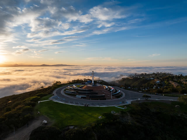 Aerial view of the cliffs, homes and the buildings at Mount Soledad.