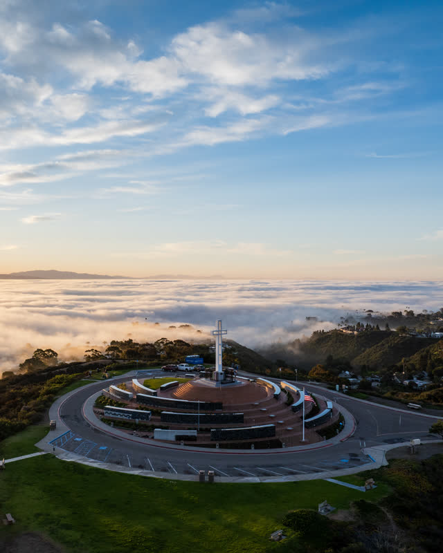 Aerial view of the cliffs, traffic and open country at Mount Soledad.