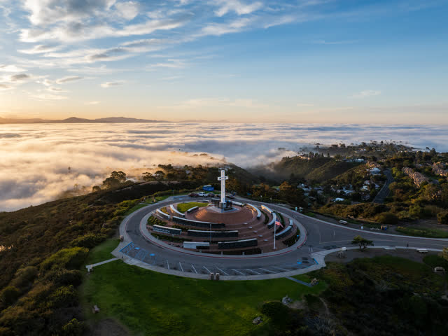 Aerial view of the cliffs, homes and open country at Mount Soledad.