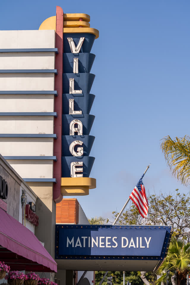 The downtown streets, palm trees and the buildings in Coronado.