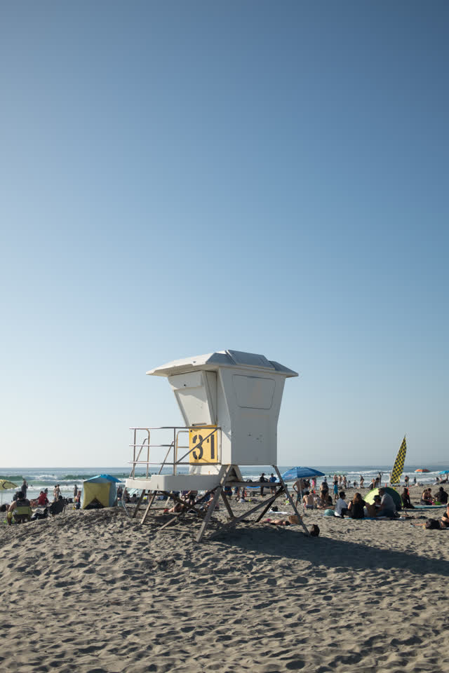 The beach, the surf and the ocean at La Jolla Shores, with a crowd gathered.