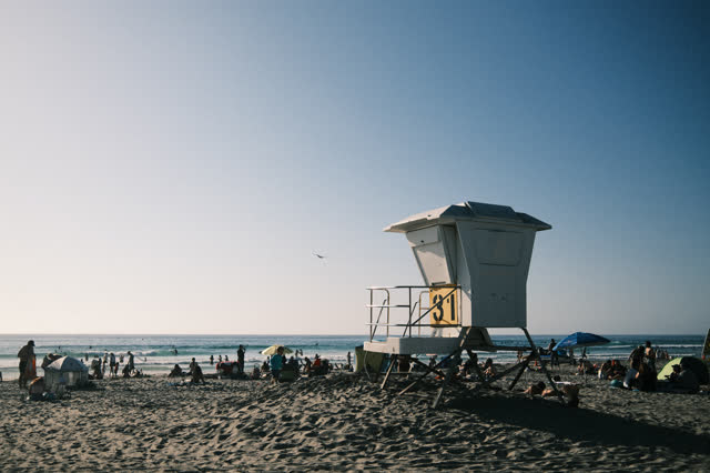 The beach, the ocean and open country at La Jolla Shores, with a crowd gathered.