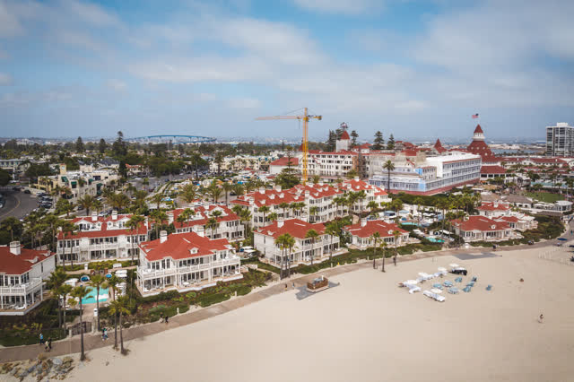Aerial view of the beach, palm trees and the ocean at Coronado Beach.