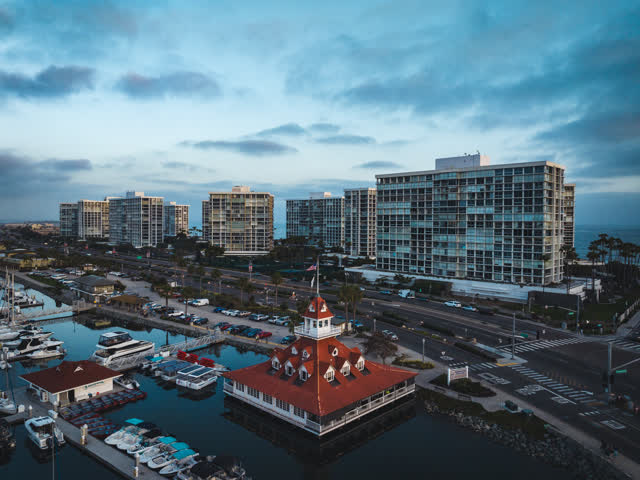 Low aerial view of the harbor, boats and palm trees at Coronado Beach.