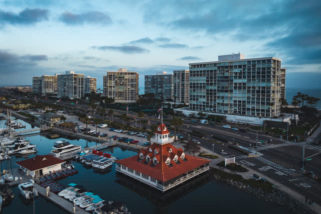 Low aerial view of the harbor, boats and palm trees at Coronado Beach.