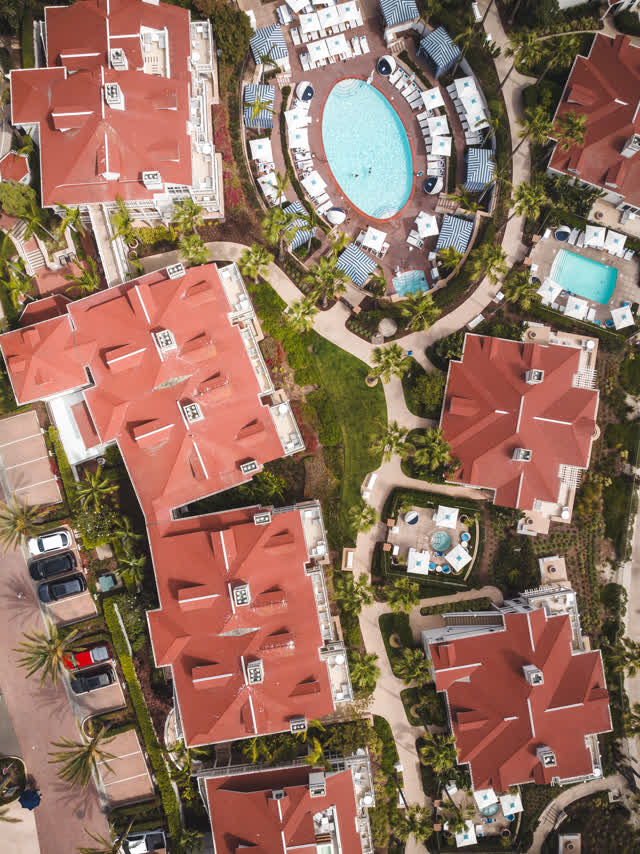Aerial view of a residential street, palm trees and the buildings at Coronado Beach.