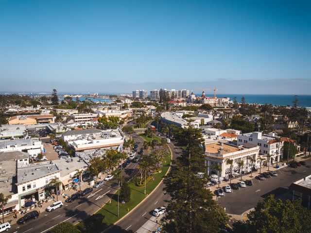 Aerial view of the downtown streets, the skyline and palm trees in Coronado, with people walking.
