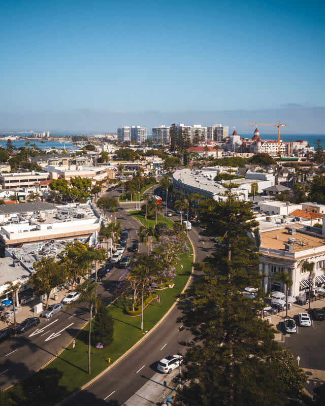 Aerial view of the downtown streets, palm trees and the ocean in Coronado.