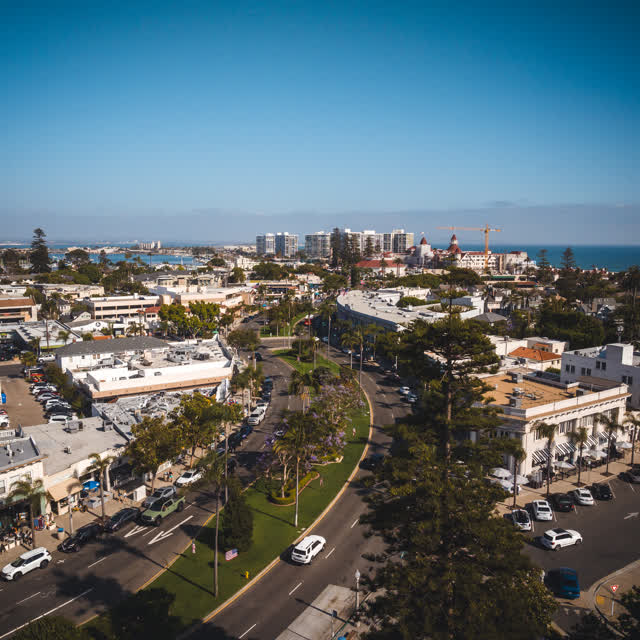 Aerial view of the downtown streets, the skyline and palm trees in Coronado.