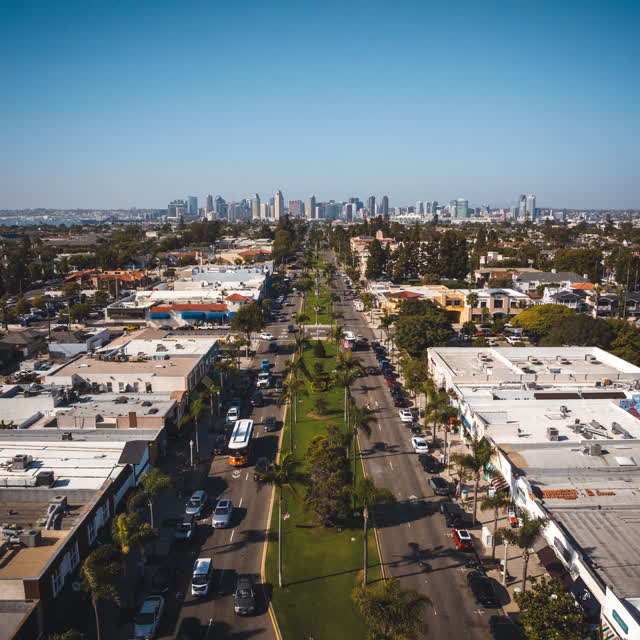 Aerial view of the downtown streets, the skyline and palm trees in Coronado.