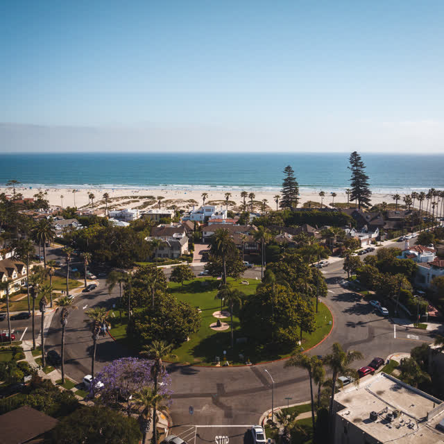 Aerial view of a residential street, palm trees and the ocean in Coronado.