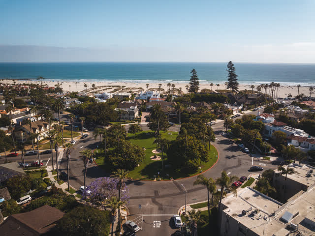 Aerial view of a residential street, palm trees and the ocean in Coronado.