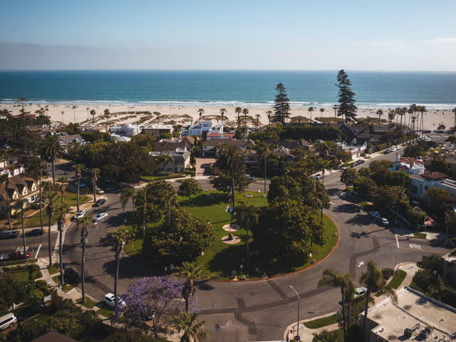 Aerial view of a residential street, palm trees and the ocean in Coronado.