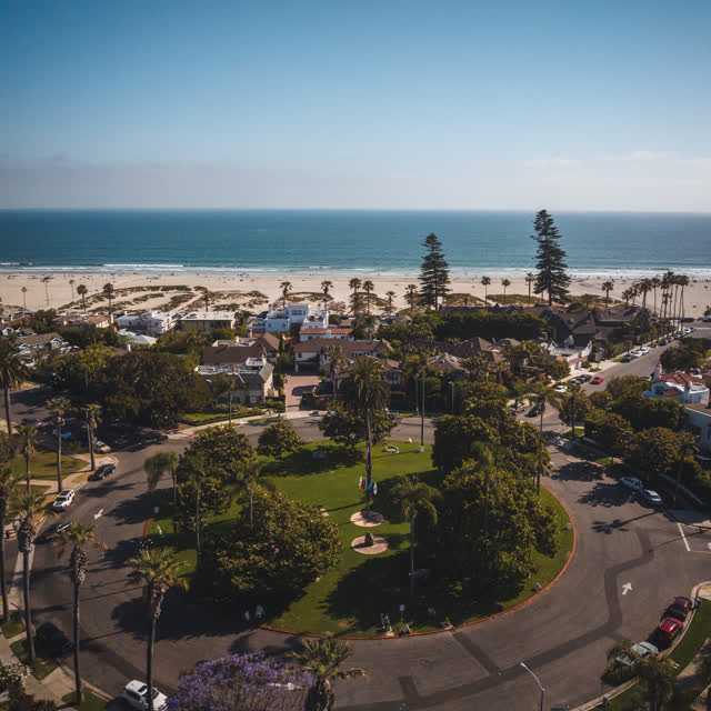 Aerial view of a residential street, palm trees and the ocean in Coronado.