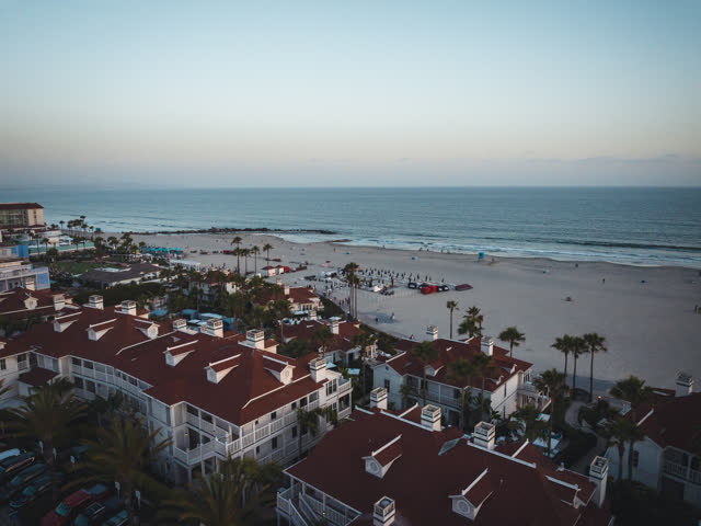 Aerial view of the beach, palm trees and the ocean at Coronado Beach, with people walking.