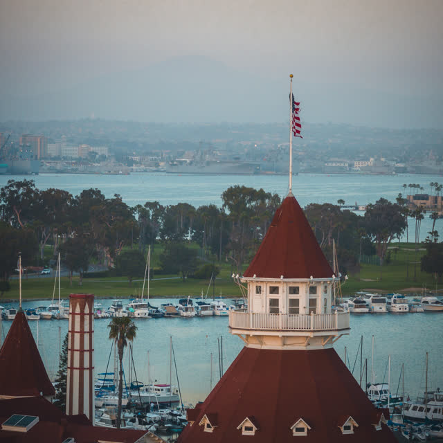 Low aerial view of the harbor, boats and palm trees at Coronado Beach.