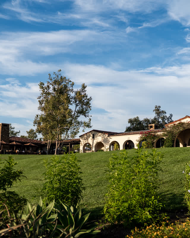 A park, homes and the buildings in Santaluz, with a crowd gathered.