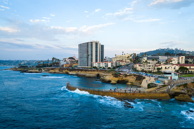 Aerial shot of Children’s Pool during an amazing sunset and twilight in La Jolla | Drone Photo