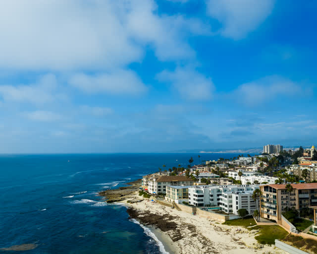Aerial view of the beach, the surf and palm trees in La Jolla.