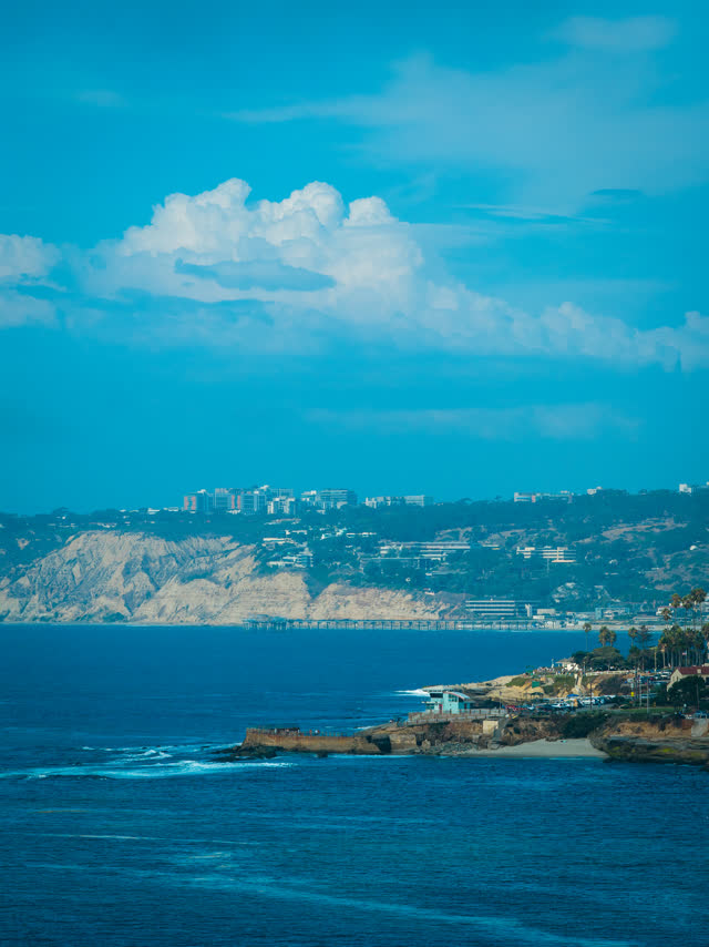 Aerial view of the cliffs, the pier and the ocean at La Jolla Cove.