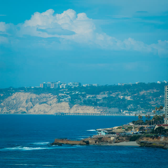 Aerial view of the cliffs, the pier and palm trees at La Jolla Cove.