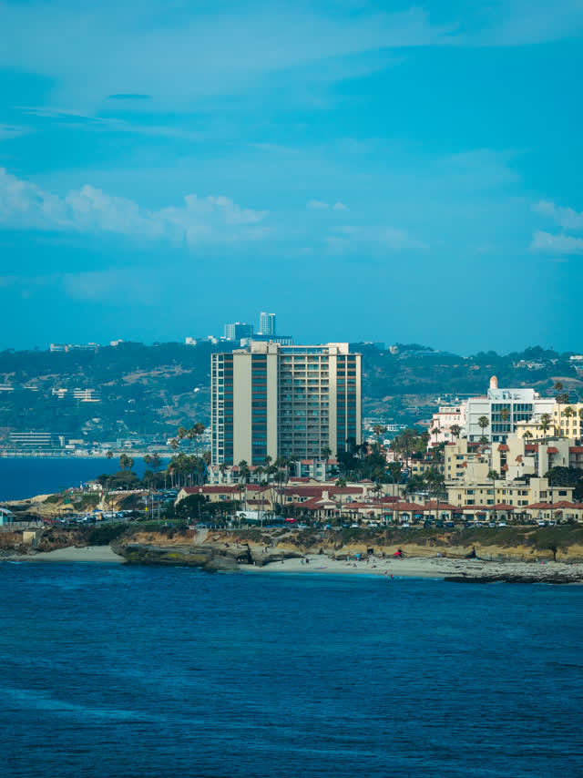 Aerial view of the beach, palm trees and the ocean at La Jolla Cove.
