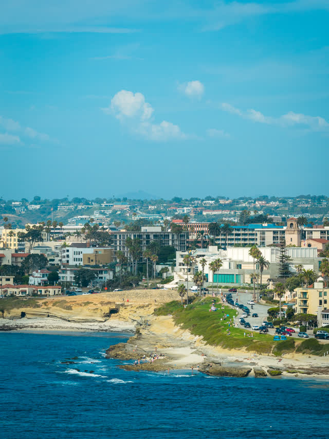 Aerial view of the cliffs, palm trees and the ocean at La Jolla Cove, with people walking.