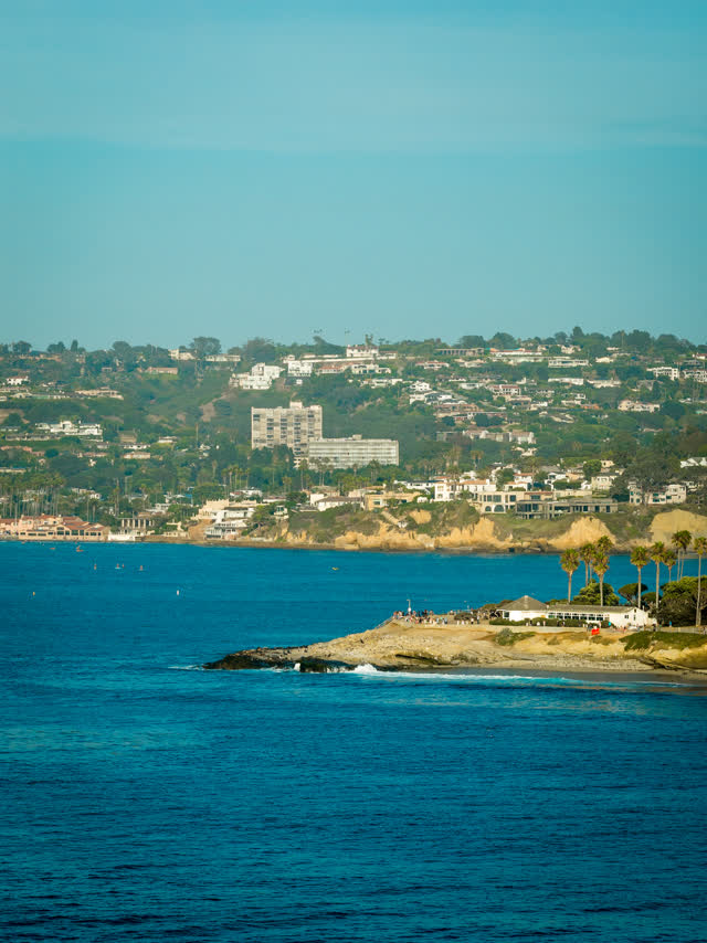 Aerial view of the cliffs, palm trees and the ocean at La Jolla Cove.