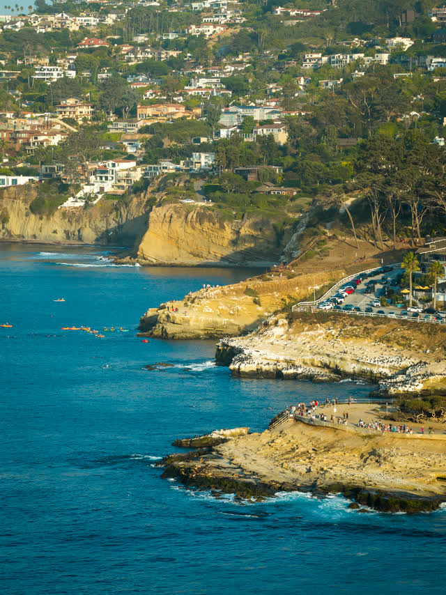 Aerial view of the cliffs, boats and wildlife at La Jolla Cove, with people walking.