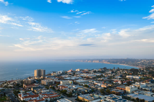Aerial view of the downtown streets, the ocean and the bay at La Jolla Cove.