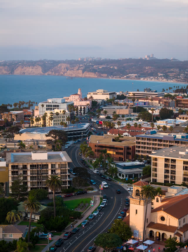Aerial view of the downtown streets, palm trees and the ocean at La Jolla Cove.
