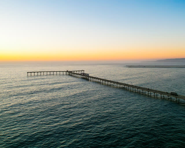 Aerial view of the beach, the pier and the ocean in Ocean Beach.