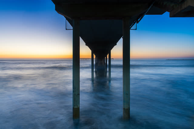 View from the water of the beach, the pier and the ocean in Ocean Beach.