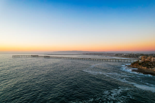 Aerial view of the beach, the pier and the ocean in Ocean Beach.