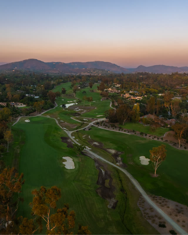 Aerial Drone View of Rancho Santa Fe Golf Club Golf Course in the Covenant with Scenic Greens Rolling Fairways and Surrounding Countryside during sunset | Drone Photo – 8
