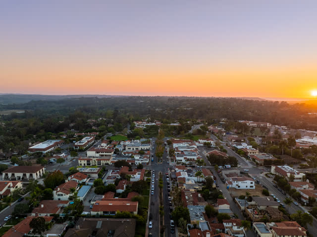 Aerial view of a residential street, homes and the buildings at Covenant.