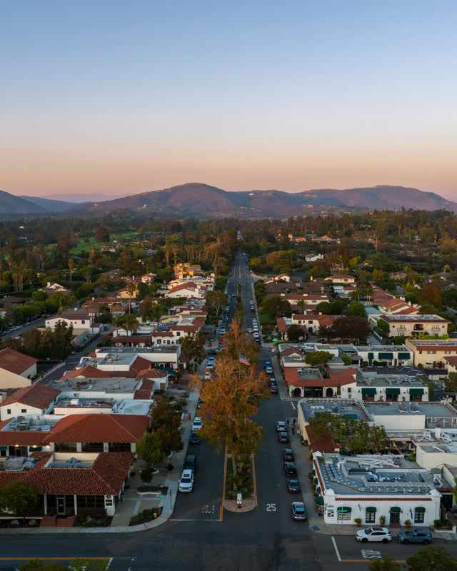 Aerial view of the downtown streets, homes and the buildings at Covenant.