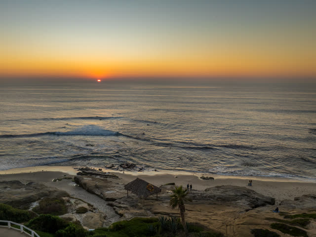 Aerial view of the cliffs, the surf and palm trees at Windansea, with surfers out.