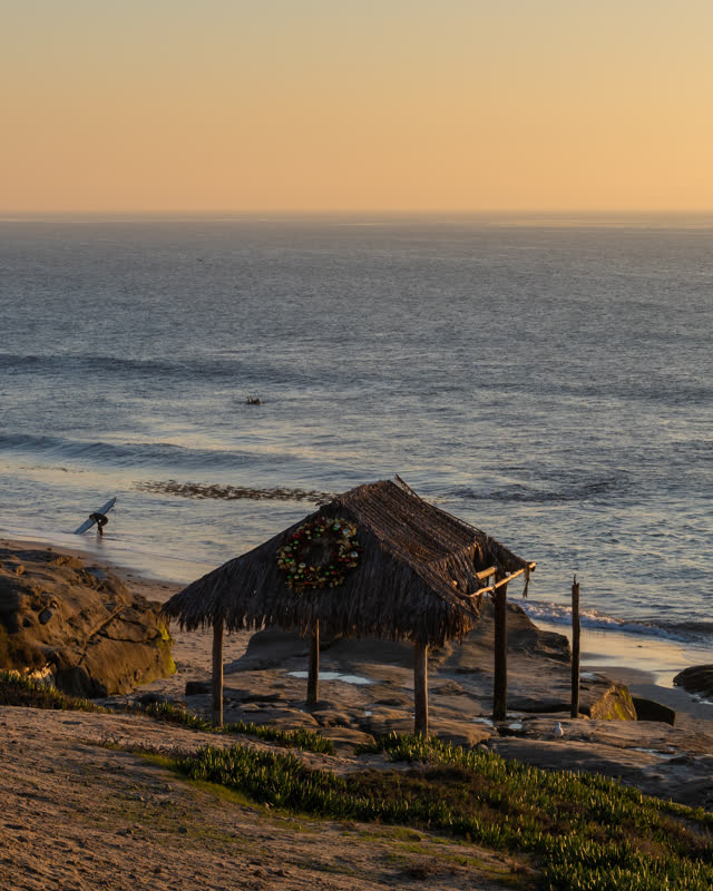 Elevated view of the beach, the surf and the ocean at Windansea, with people walking.