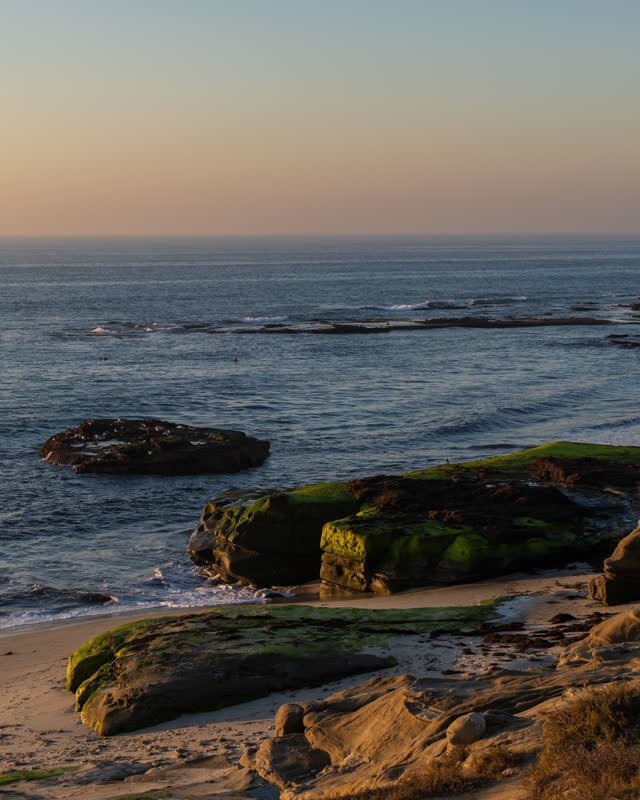 Elevated view of the cliffs, the ocean and the beach at Windansea.