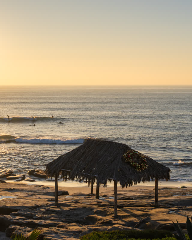 Elevated view of the beach, the surf and the ocean at Windansea, with surfers out.