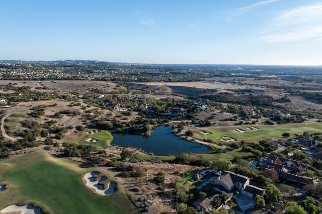 Aerial view of the country inland, homes and the buildings in Santaluz.